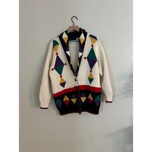 Vintage Tony Lambert Sweater Cream Geometric Collar‎ Knit Cardigan Size S